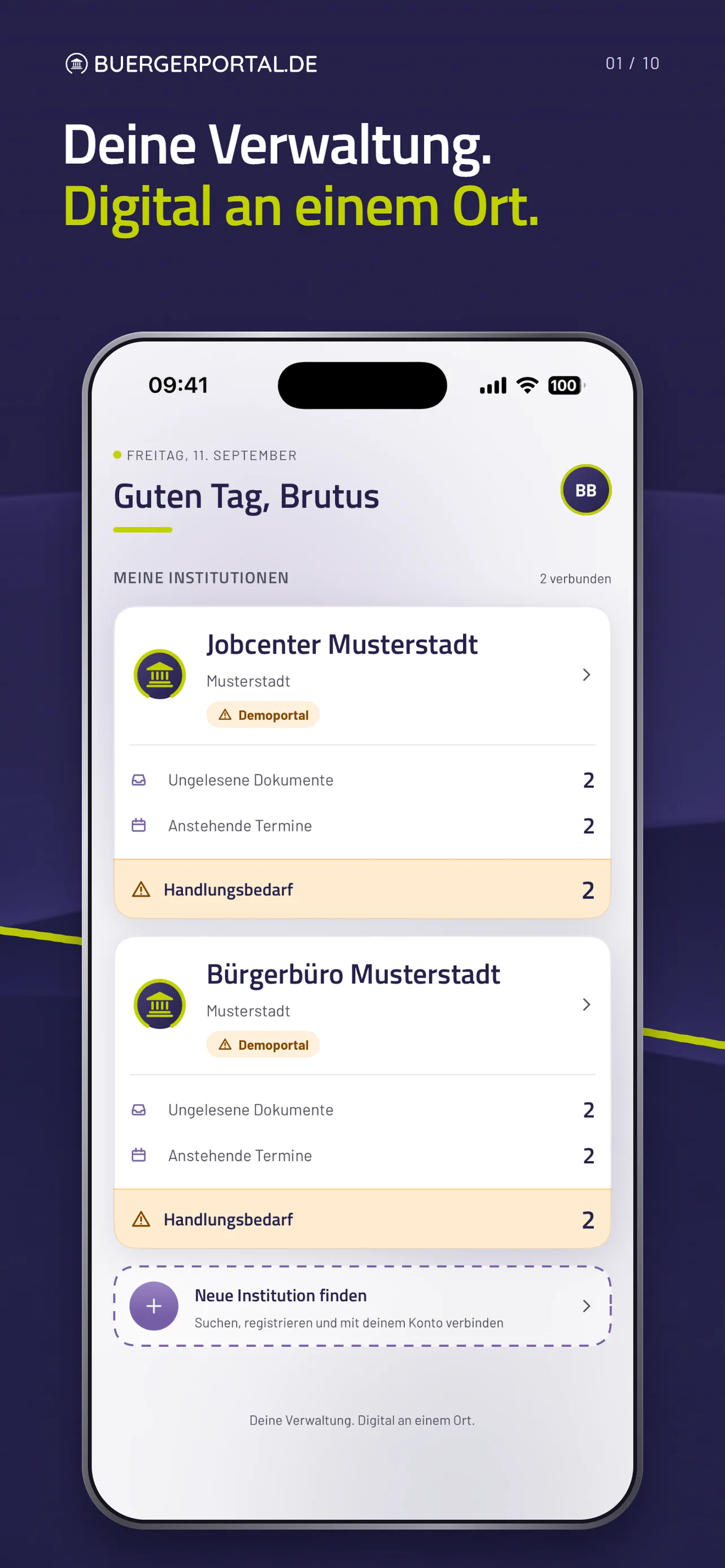Deine Verwaltung. Digital an einem Ort. iPhone-Ansicht mit zwei verbundenen Demo-Institutionen.