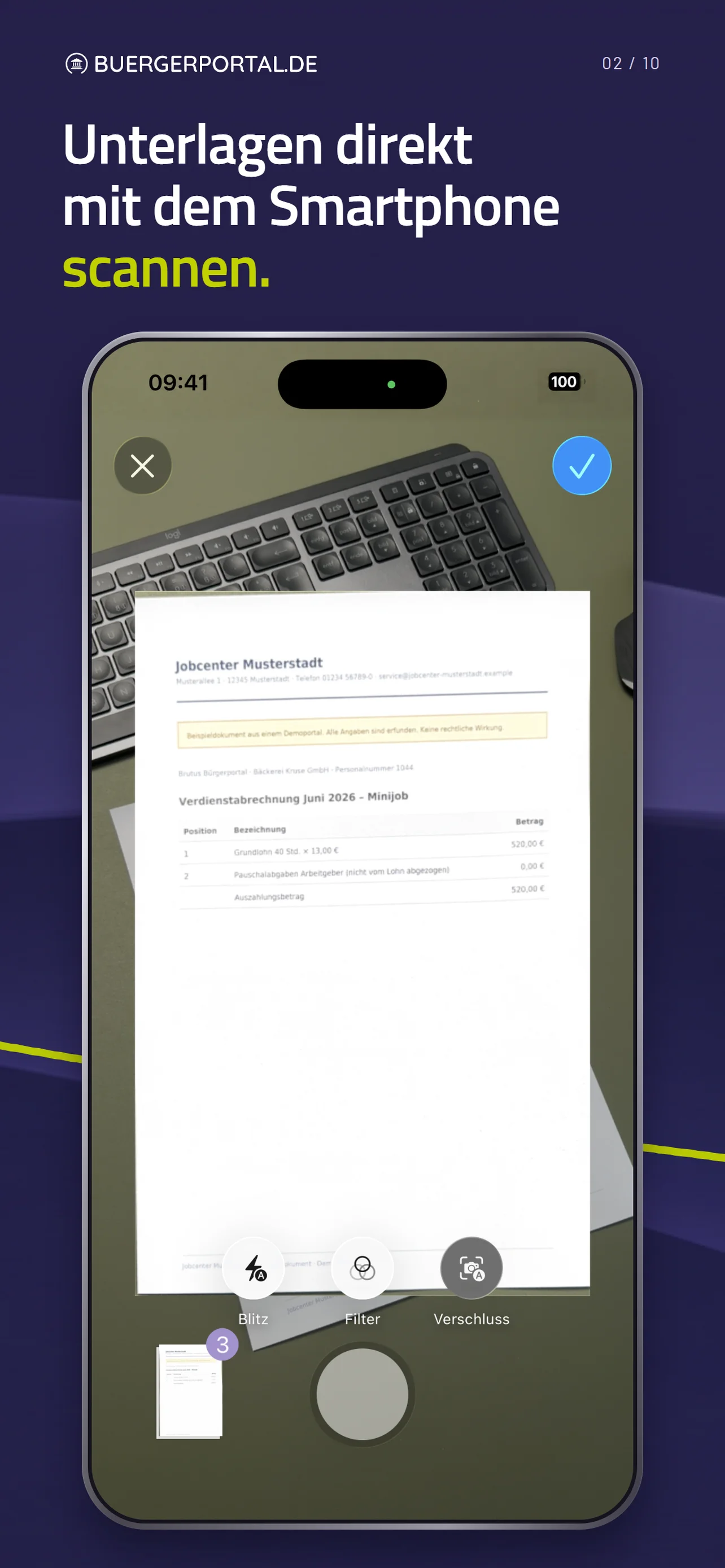 Unterlagen direkt mit dem Smartphone scannen. Die App erfasst ein Beispieldokument mit der Kamera.