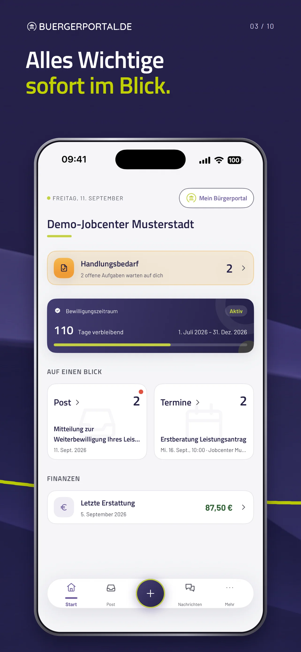 Startansicht des Demo-Jobcenters mit Handlungsbedarf, Post, Terminen und Finanzinformationen.