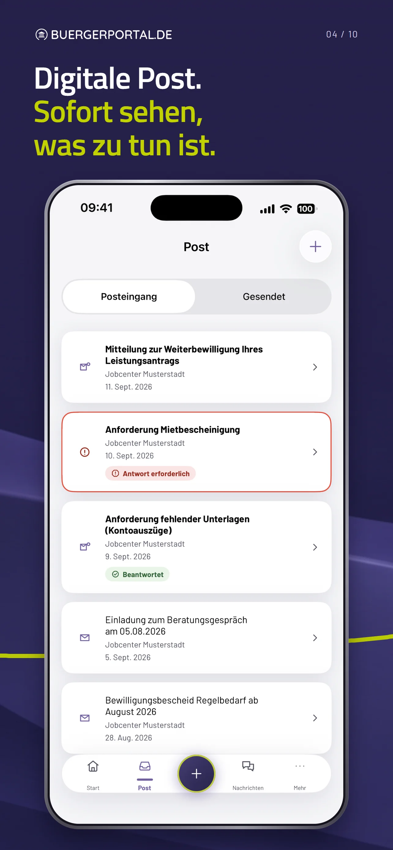 Posteingang mit Schreiben der Demo-Institution und den Hinweisen Antwort erforderlich und Beantwortet.