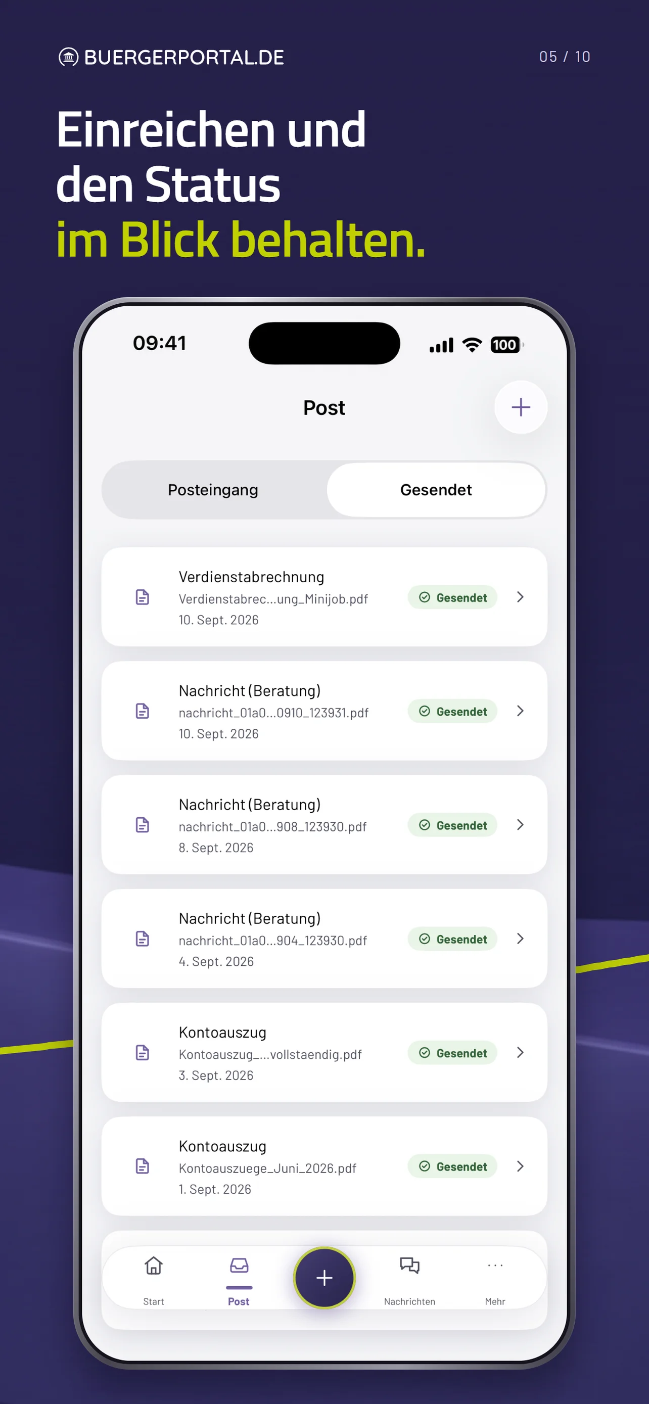 Gesendete Dokumente mit Datum und Status Gesendet.