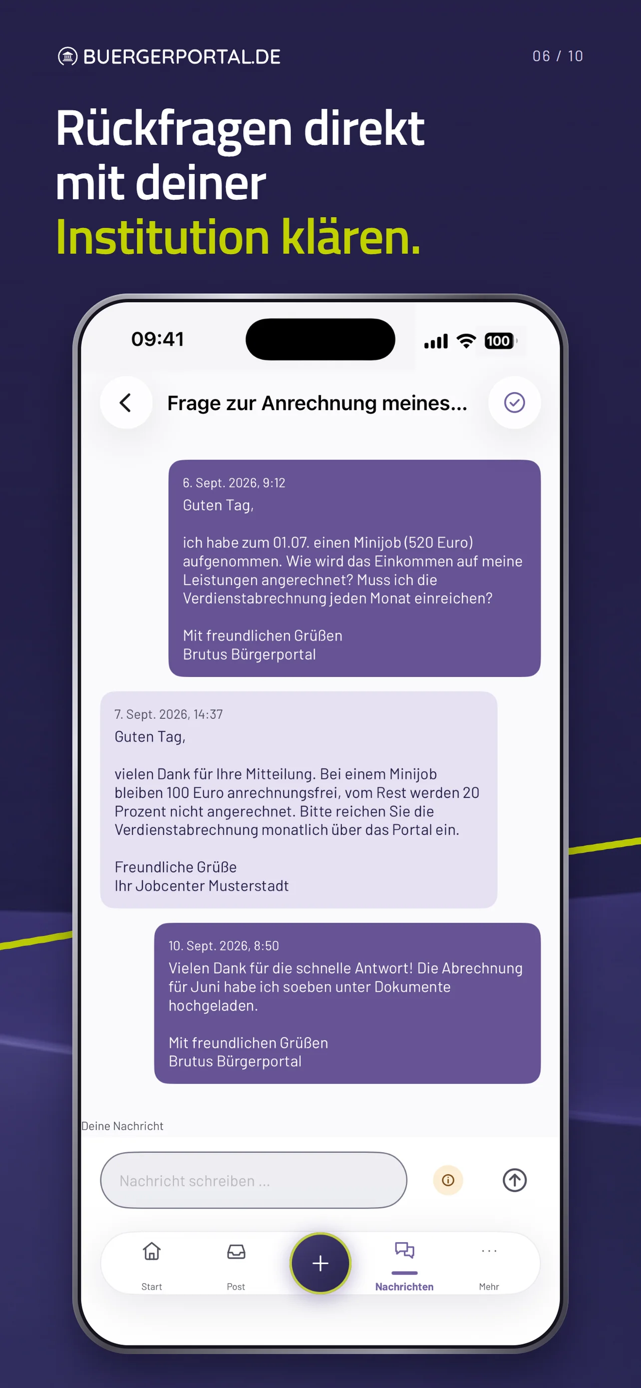 Rückfragen direkt mit deiner Institution klären. Beispielgespräch mit dem Demo-Jobcenter.
