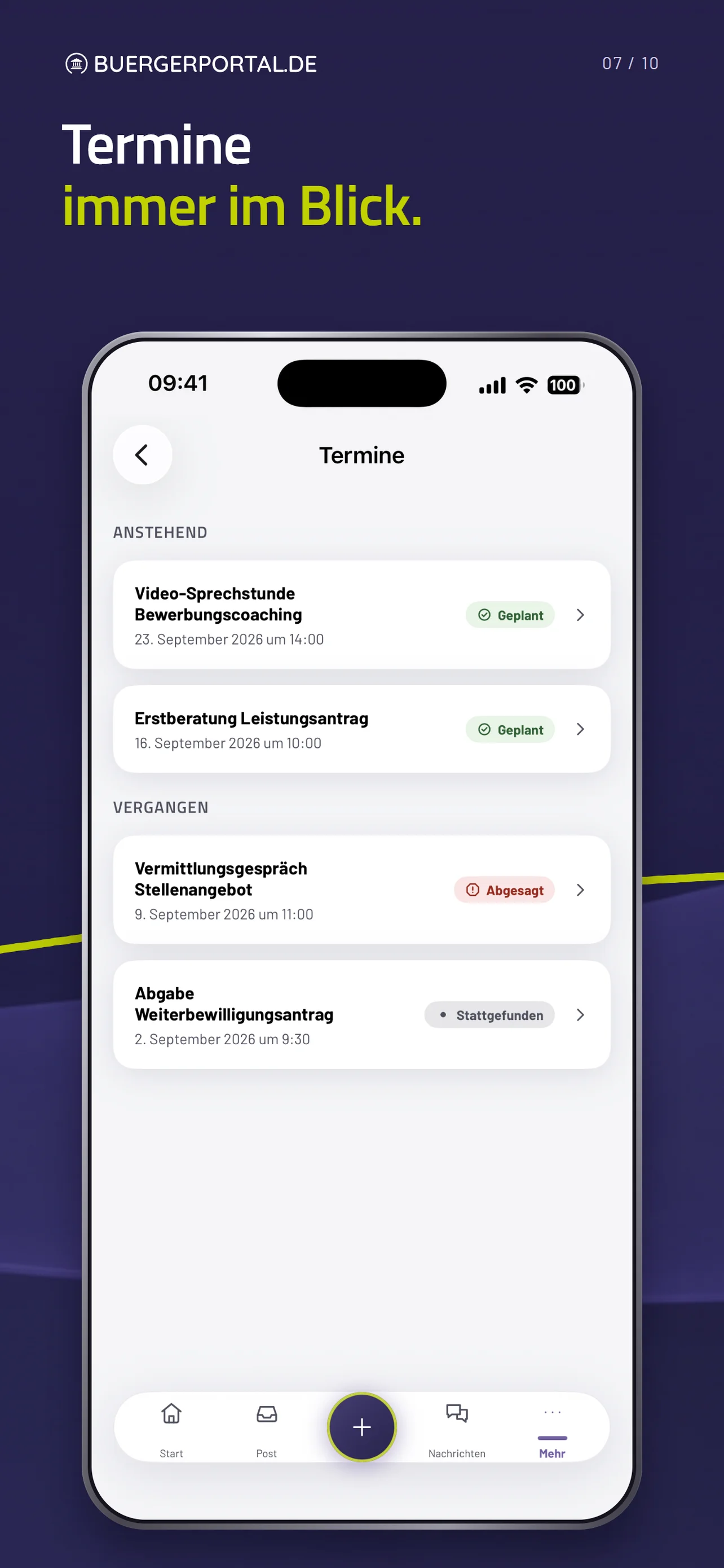 Terminübersicht mit geplanten, abgesagten und stattgefundenen Terminen.