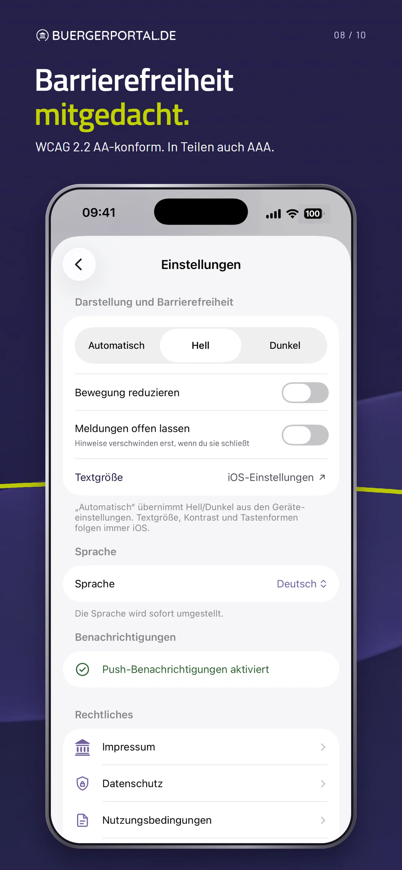 App-Einstellungen für Darstellung, reduzierte Bewegung, Meldungen und Textgröße.