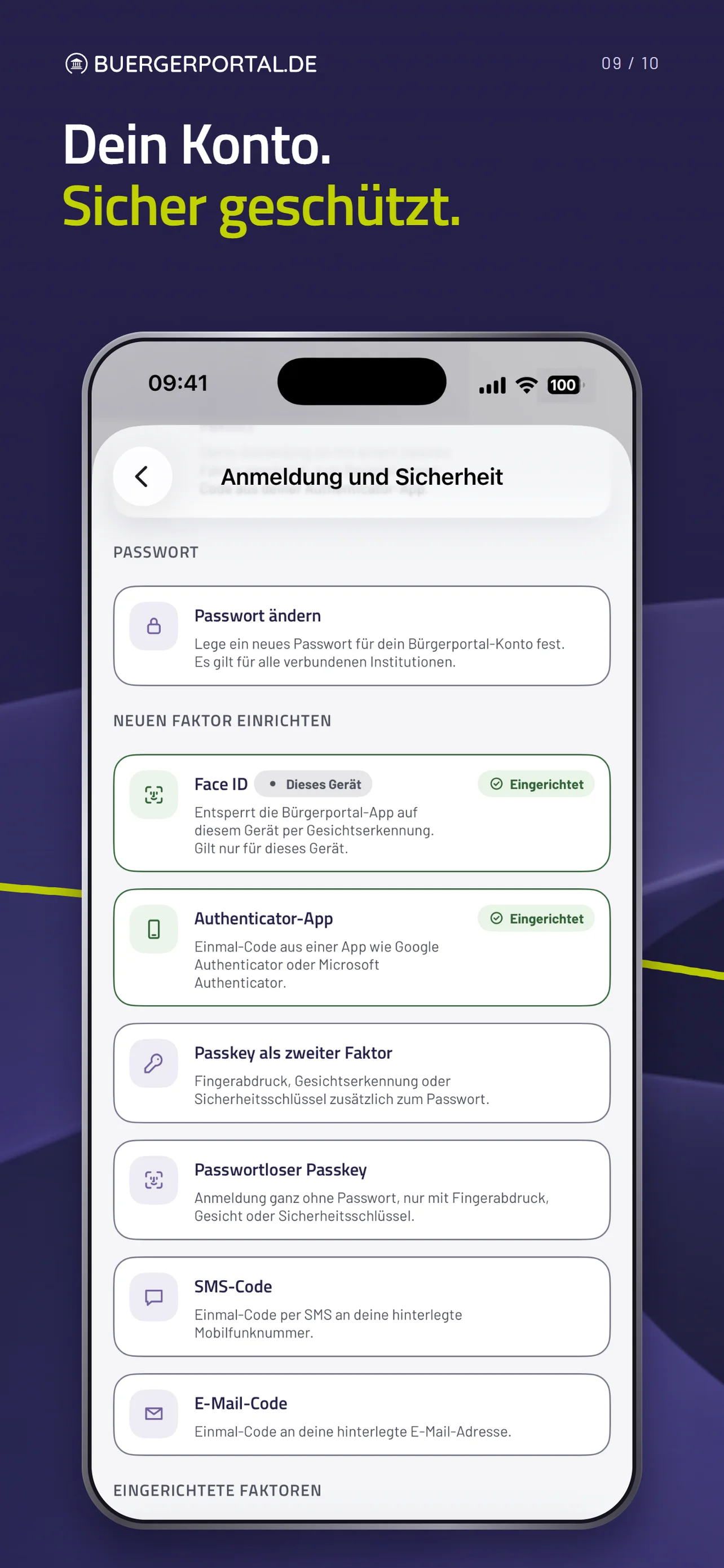 Anmeldung und Sicherheit mit Passwort, Face ID, Authenticator-App, Passkeys, SMS- und E-Mail-Code.