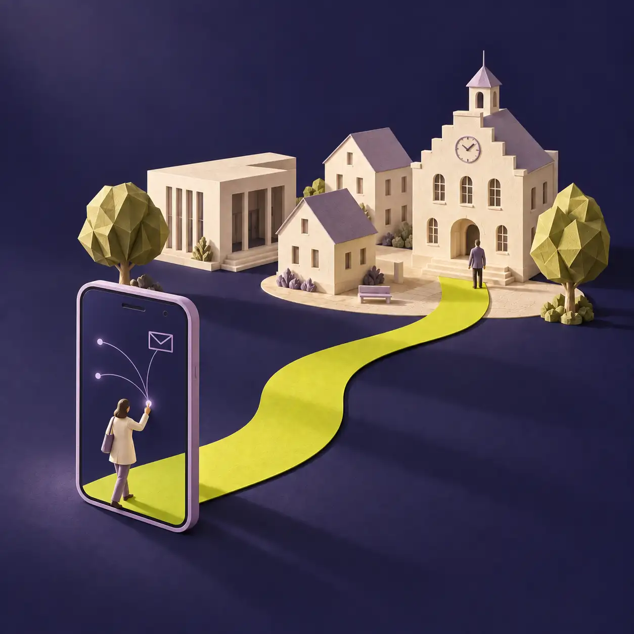 A paper town with a town hall, community centre and houses. A woman touches the screen of a stylised smartphone. A lime-green path leads from the smartphone to the town hall square. AI-generated illustration.