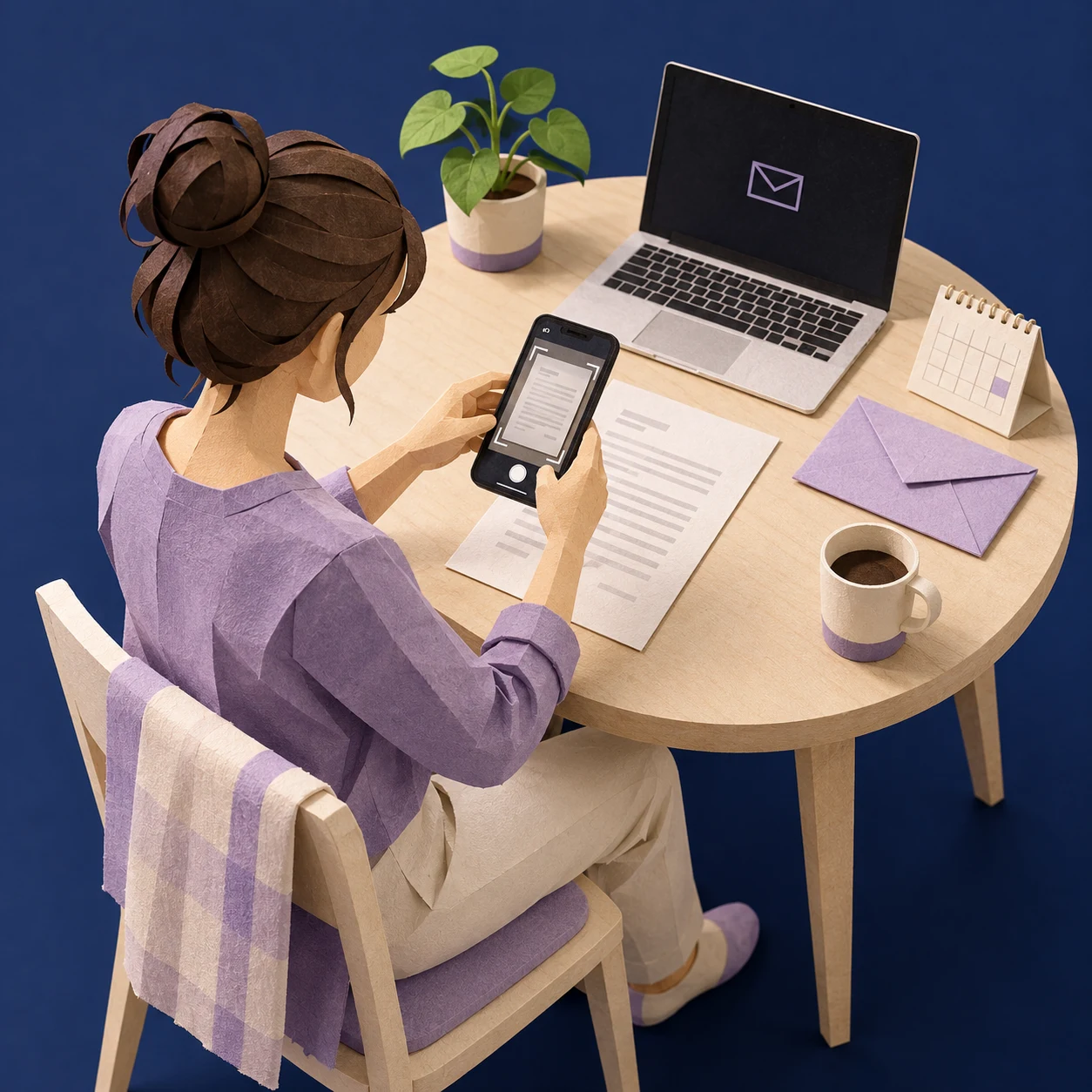 Eine Frau fotografiert am Küchentisch eine Papierunterlage mit ihrem Smartphone. Daneben stehen ein Laptop und ein Kalender. Szene aus gestaltetem Papier. Mit KI erzeugte Illustration.