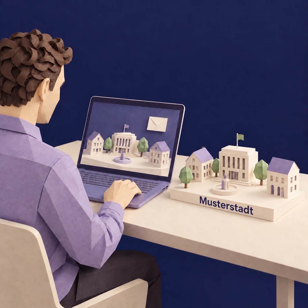 Ein Mann erkundet am Laptop eine beispielhafte Stadt. Auf dem Tisch neben ihm steht dieselbe Stadt als kleines Papiermodell mit der Aufschrift „Musterstadt“. Konzeptionelle Szene aus Papier, keine Ansicht der Portaloberfläche. Mit KI erzeugte Illustration.