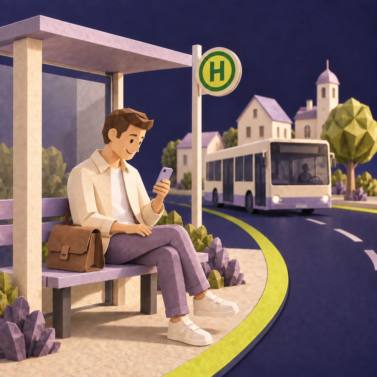Ein Mann nutzt sein Smartphone an einer Bushaltestelle. Zu sehen ist die schlichte Rückseite des Geräts. Hinter ihm kommt ein Bus durch eine kleine Papierstadt angefahren. Konzeptionelle Szene aus Papier, keine Ansicht der App-Oberfläche. Mit KI erzeugte Illustration.