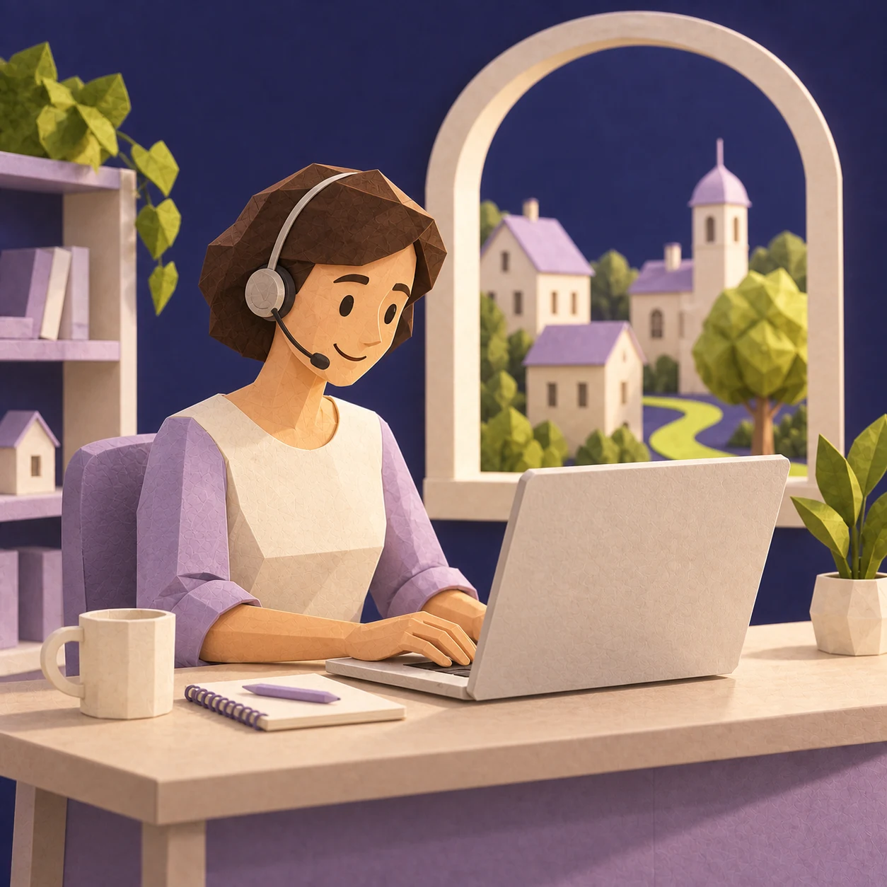 Eine Support-Mitarbeiterin mit Headset sitzt am Laptop. Durch ein Fenster ist eine kleine Papierstadt zu sehen. Konzeptionelle Szene aus Papier, keine Darstellung einer realen Mitarbeiterin. Mit KI erzeugte Illustration.