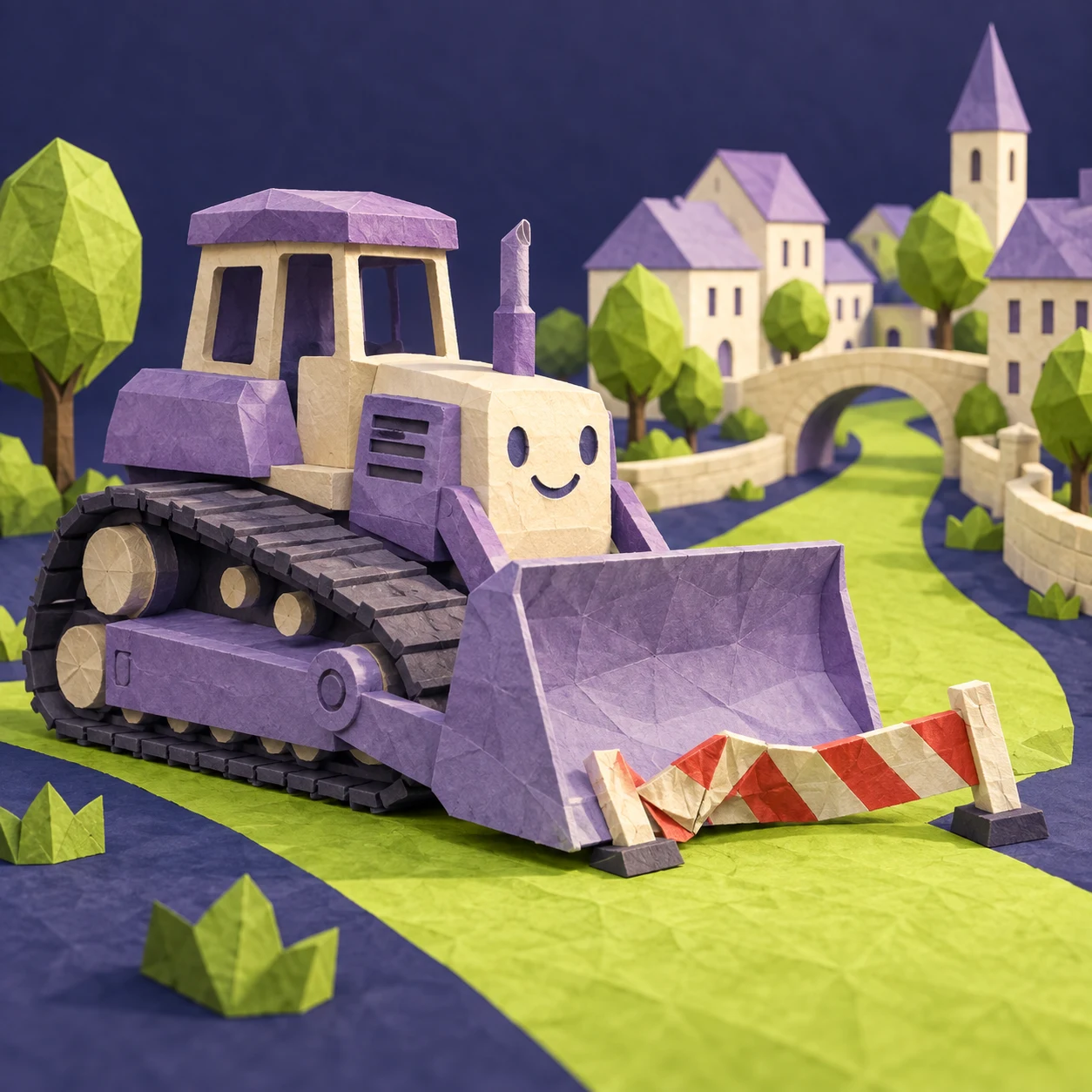 Ein Bulldozer aus Papier drückt eine gestreifte Straßenbarriere nieder. Ein grüner Weg führt durch eine kleine Papierstadt. Sinnbild für den Abbau von Barrieren. Mit KI erzeugte Illustration.