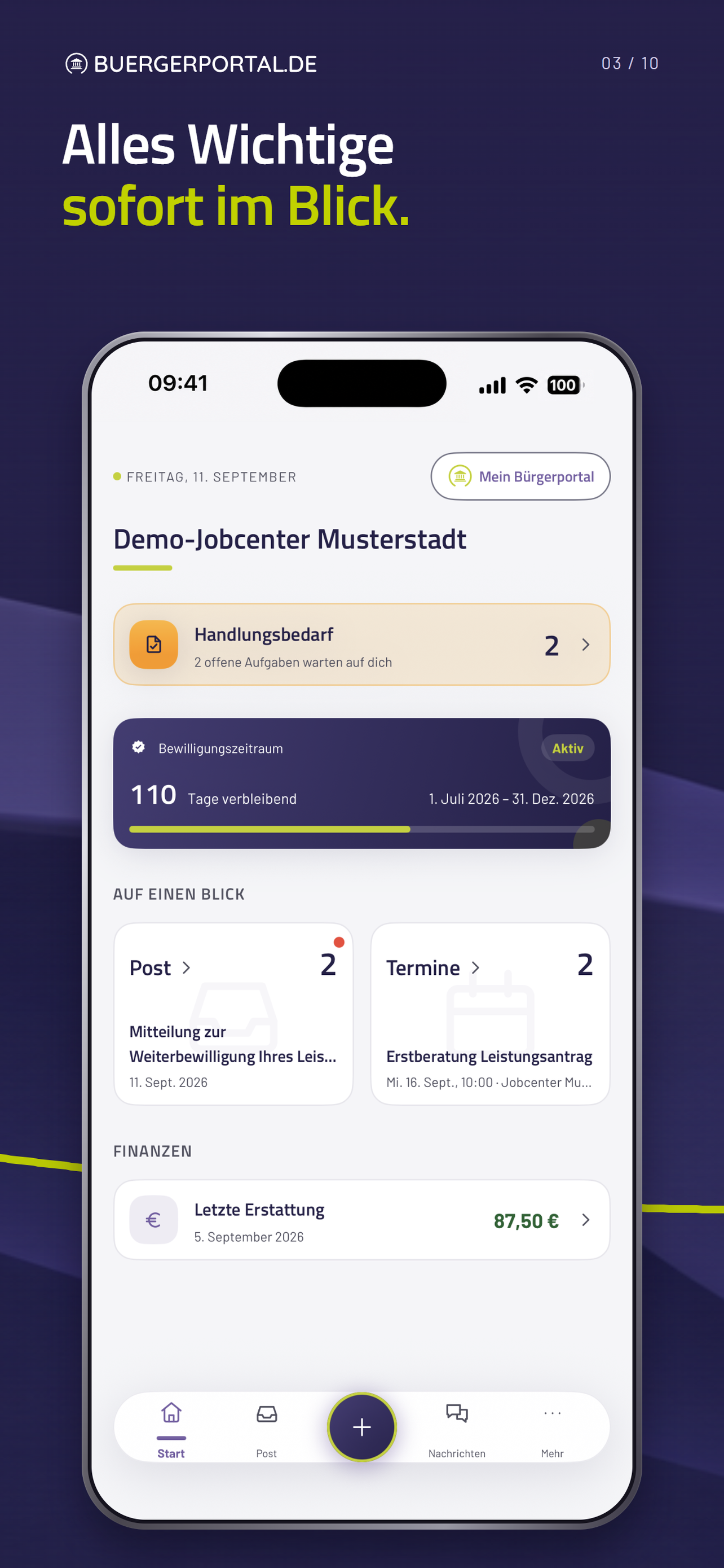 Startansicht des Demo-Jobcenters mit Handlungsbedarf, Post, Terminen und Finanzinformationen.