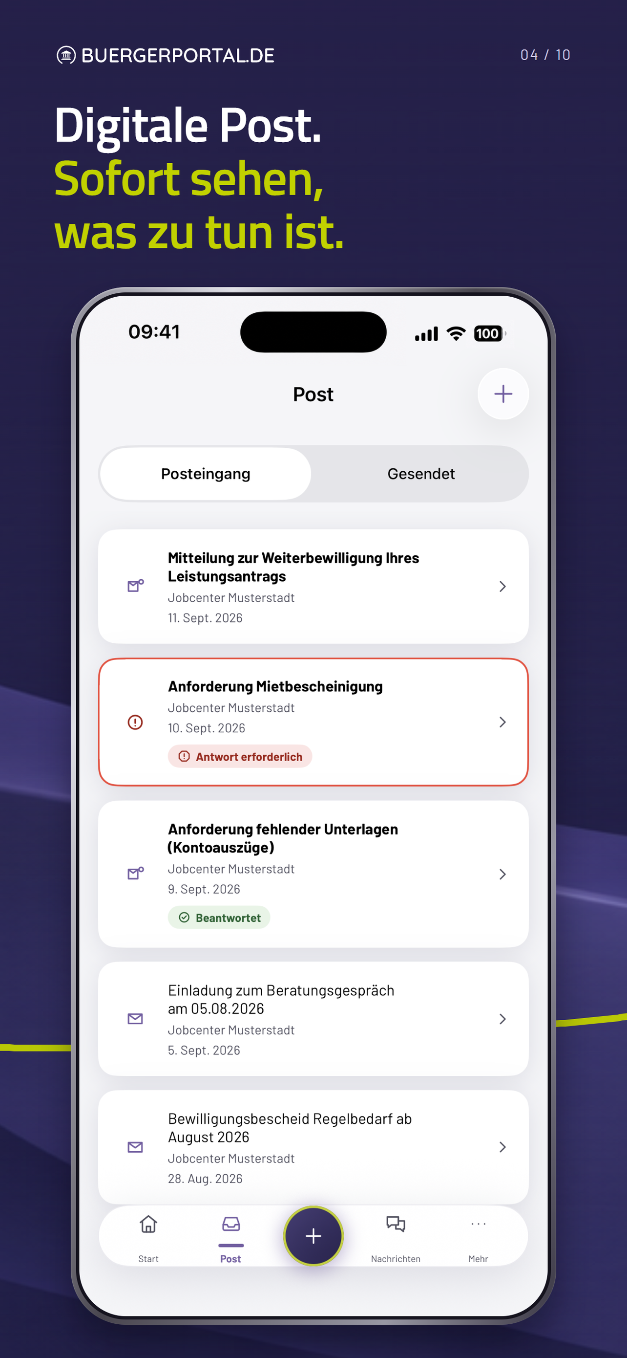 Posteingang mit Schreiben der Demo-Institution und den Hinweisen Antwort erforderlich und Beantwortet.