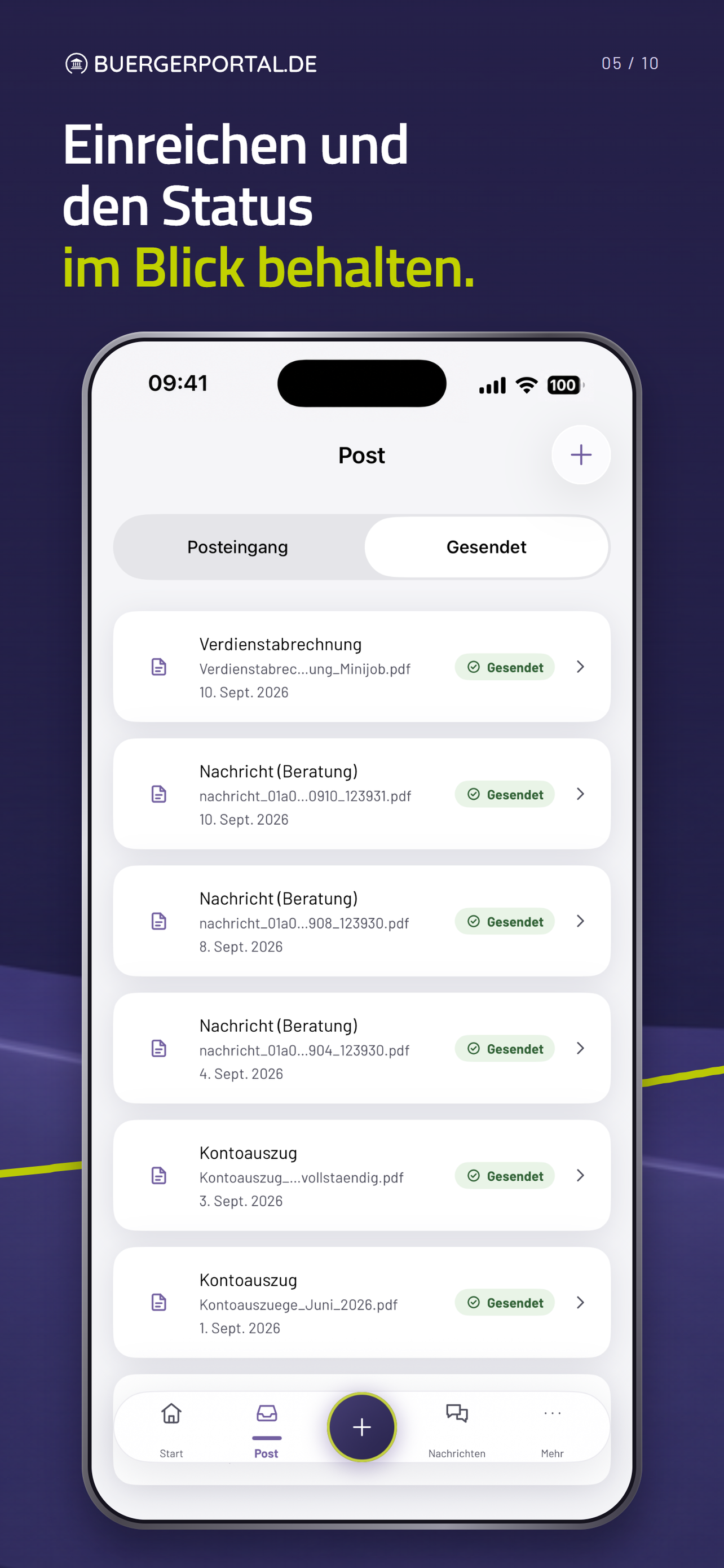 Gesendete Dokumente mit Datum und Status Gesendet.
