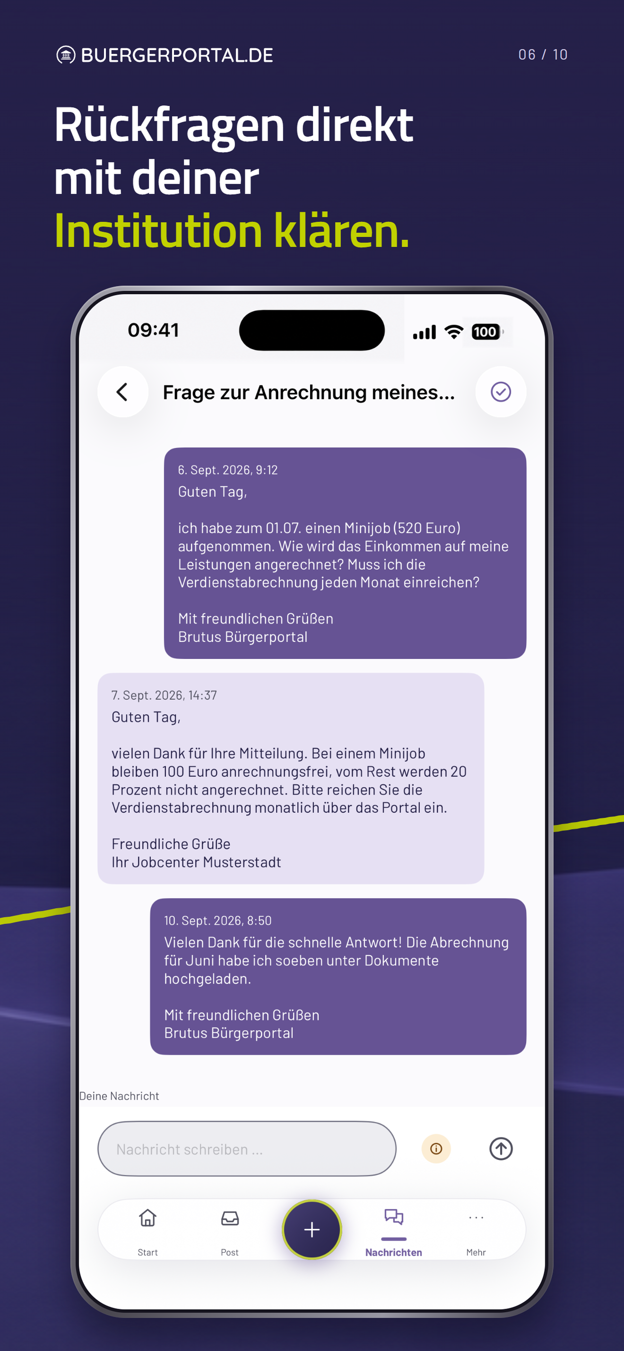 Rückfragen direkt mit deiner Institution klären. Beispielgespräch mit dem Demo-Jobcenter.