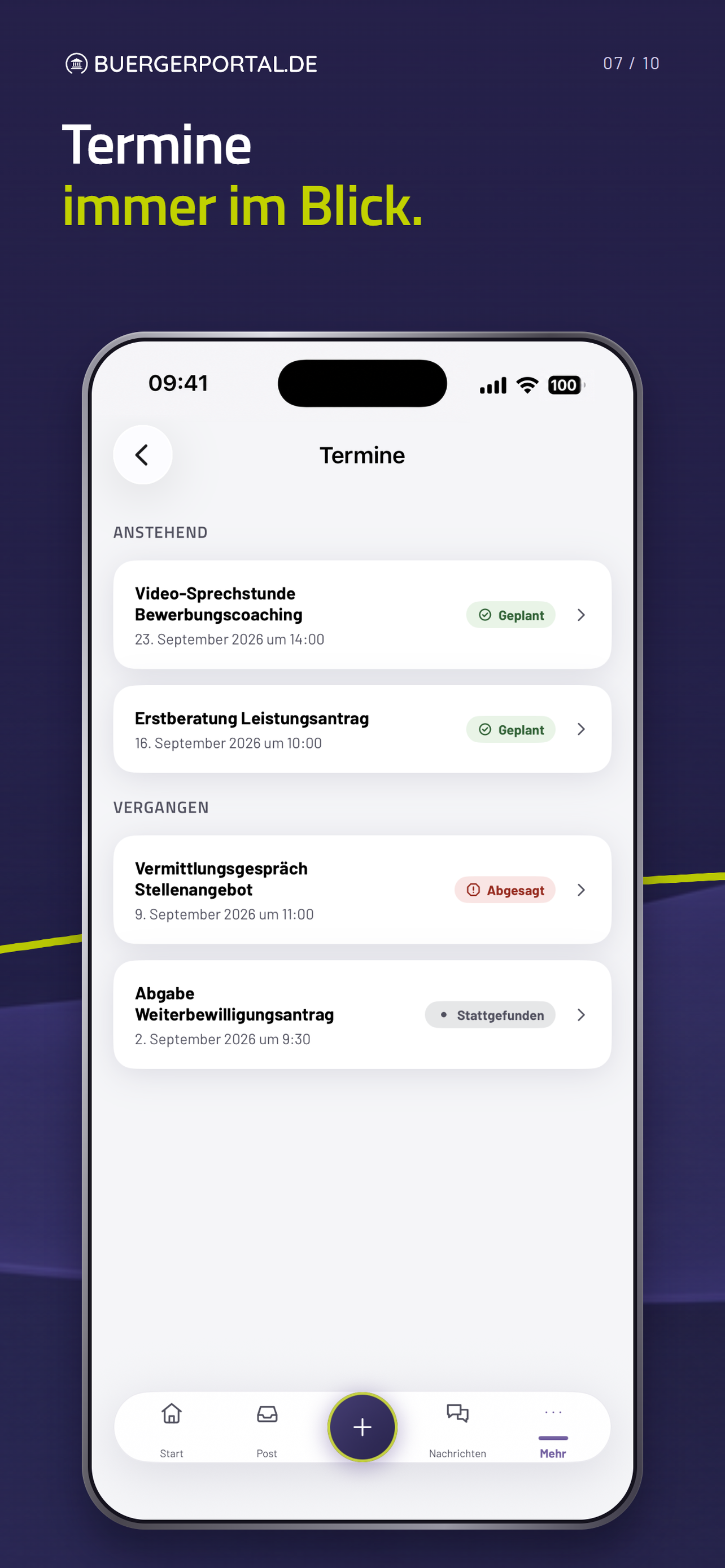 Terminübersicht mit geplanten, abgesagten und stattgefundenen Terminen.