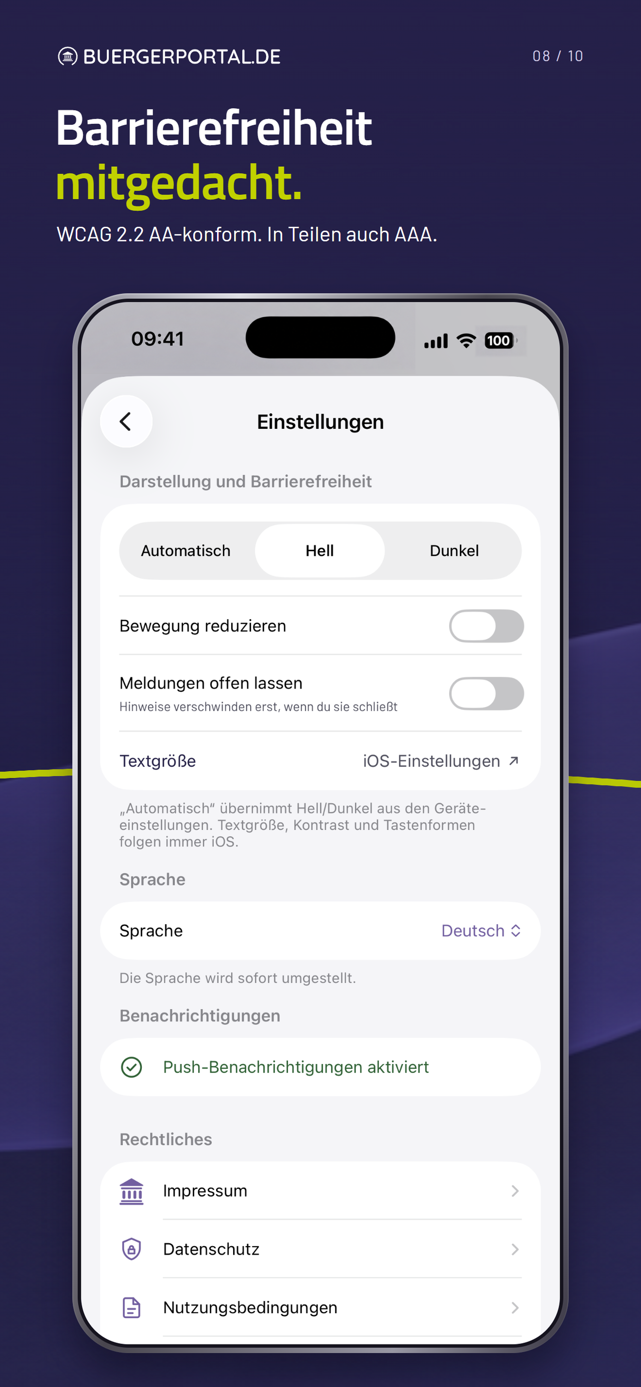 App-Einstellungen für Darstellung, reduzierte Bewegung, Meldungen und Textgröße.