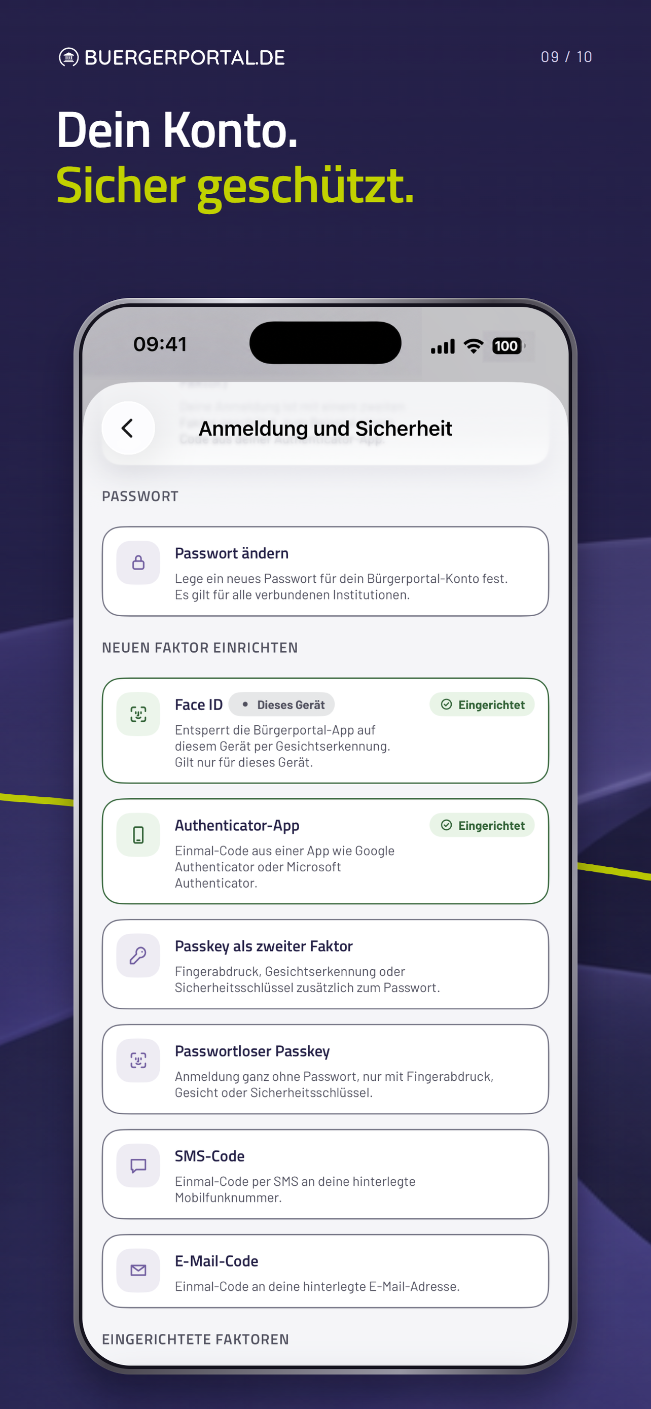 Anmeldung und Sicherheit mit Passwort, Face ID, Authenticator-App, Passkeys, SMS- und E-Mail-Code.